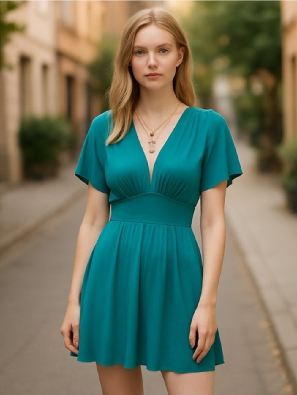 Susana Monaco Teal Deep V-Neck Open Back Flutter Sleeve Mini Dress